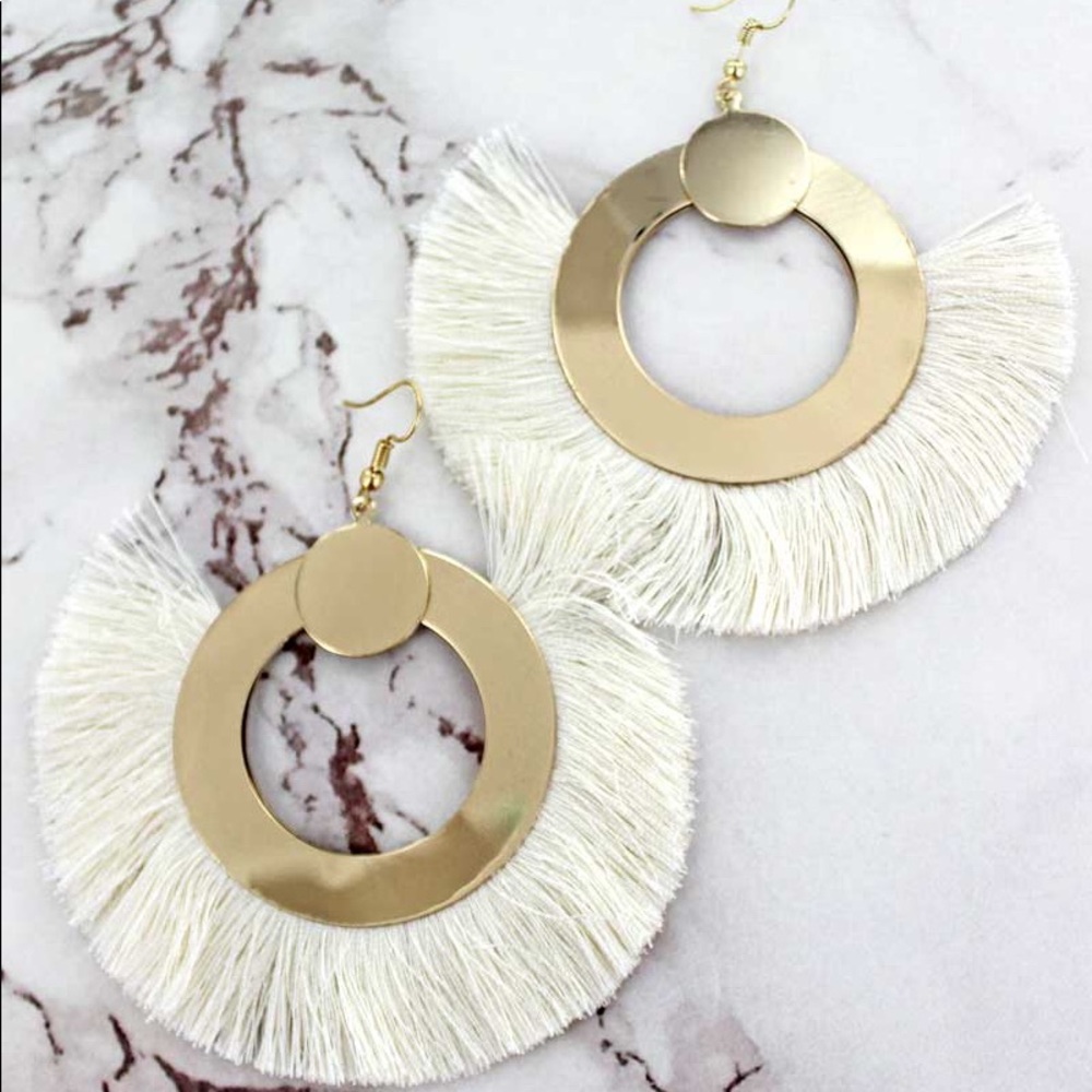 GOLDTONE AND IVORY FRINGED HOOP EARRINGS